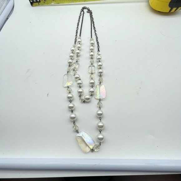Double Strand Faux Pearl & Aurora Borealis Crystal Beads on Antiqued Chain 28" - Picture 1 of 4